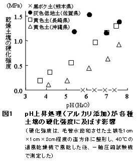 図1  pH上昇処理(アルカリ添加)が各種土壌の硬化強度に及ぼす影響