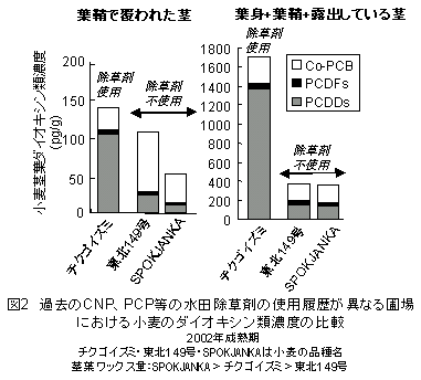 図2 過去のCNP、PCP等の水田除草剤の使用履歴が異なる圃場 における小麦のダイオキシン類濃度の比較