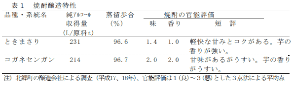 表1 焼酎醸造特性