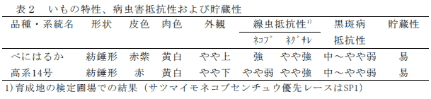 表2 いもの特性、病虫害抵抗性および貯蔵性