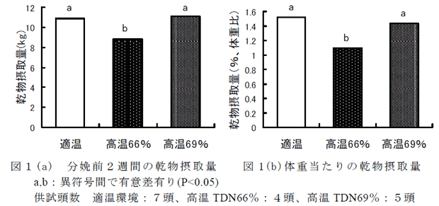 図1(a) 分娩前2週間の乾物摂取量  図1(b)体重当たりの乾物摂取量