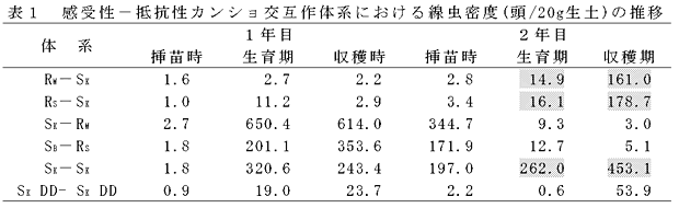 表1 感受性-抵抗性カンショ交互作体系における線虫密度(頭/20g生土)の推移