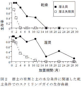 図2 潜土の有無と土の水分条件に関連した乾土条件でのスクミリンゴガイの生存曲線