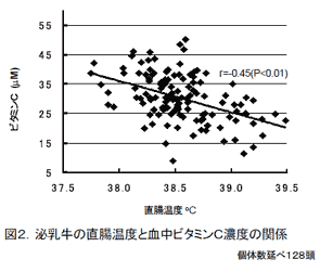 図2.泌乳牛の直腸温度と血中ビタミンC濃度の関係