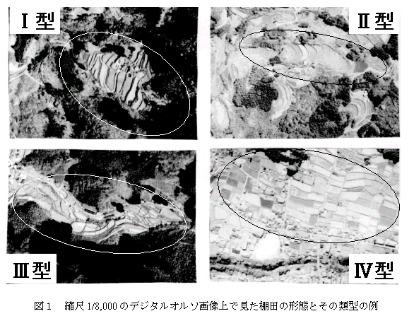 図1 縮尺1/8,000 のデジタルオルソ画像上で見た棚田の形態とその類型の例