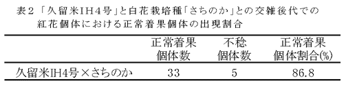 表2 「久留米I H 4 号」と白花栽培種「さちのか」との交雑後代での紅花個体における正常着果個体の出現割合