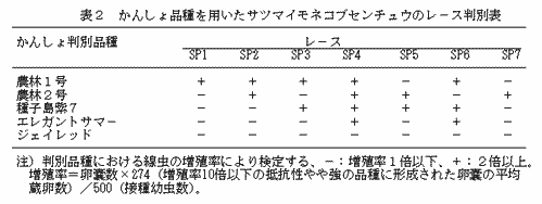 表2 かんしょ品種を用いたサツマイモネコブセンチュウのレ-ス判別表