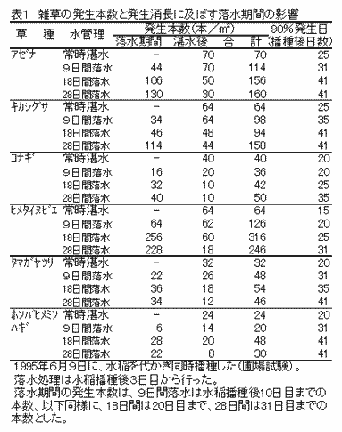 表1 雑草の発生本数と発生消長に及ぼす落水期間の影響