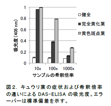 キュウリ葉の症状および希釈倍率の違いによるDAS-ELISAの吸光度。エラーバーは標準偏差を示す。