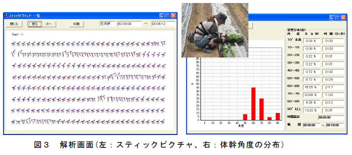 解析画面(左:スティックピクチャ、右:体幹角度の分布)