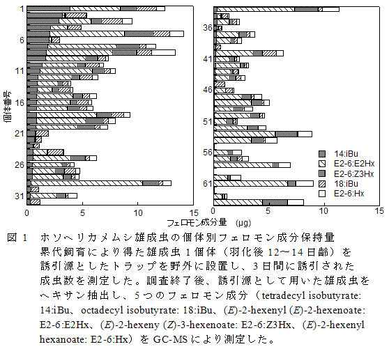 図1 ホソヘリカメムシ雄成虫の個体別フェロモン成分保持量