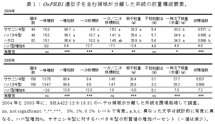 表1:OsPRB1遺伝子を含む領域が分離した系統の収量構成要素。