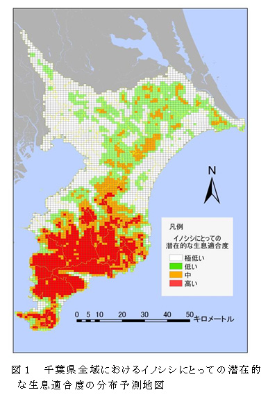 図1 千葉県全域におけるイノシシにとっての潜在的な生息適合度の分布予測地図