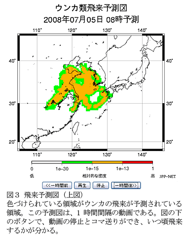 図3 飛来予測図(上図) 色づけられている領域がウンカの飛来が予測されている領域。この予測図は、1時間間隔の動画である。図の下のボタンで、動画の停止とコマ送りができ、いつ頃飛来するかが分かる。