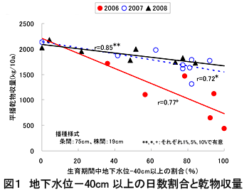 図1 地下水位-40cm以上の日数割合と乾物収量