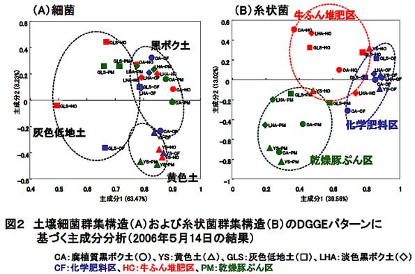 図2 土壌細菌群集構造(A)および糸状菌群集構造(B)のDGGEパターンに基づく主成分分析(2006年5月14日の結果)