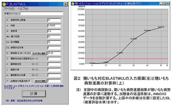 図2 穂いもち対応BLASTMULの入力画面(左)と穂いもち病勢進展の計算例(上)