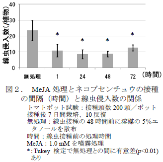 MeJA 処理とネコブセンチュウの接種 の間隔(時間)と線虫侵入数の関係