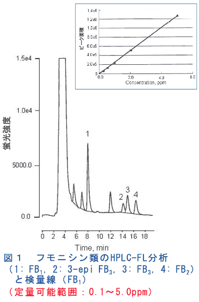 図1 フモニシン類のHPLC-FL分析と検量線