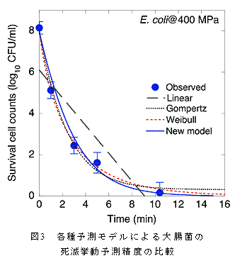図3 各種予測モデルによる大腸菌の死滅挙動予測精度の比較