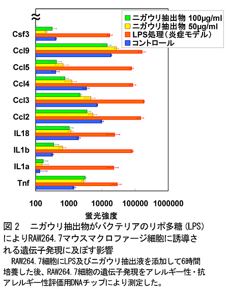 図2 ニガウリ抽出物がバクテリアのリポ多糖(LPS)によりRAW264.7マウスマクロファージ細胞に誘導される遺伝子発現に及ぼす影響 RAW264.7細胞にLPS及びニガウリ抽出液を添加して6時間培養した後、RAW264.7細胞の遺伝子発現をアレルギー性・抗アレルギー性評価用DNAチップにより測定した。