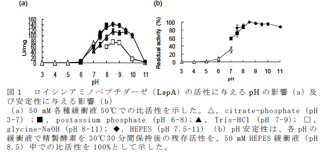 図1 ロイシンアミノペプチダーゼ(LapA)の活性に与えるpHの影響(a)及び安定性に与える影響(b) (a)50 mM各種緩衝液50°Cでの比活性を示した。△, citrate-phosphate (pH 3-7) ;■, postassium phosphate (pH 6-8);▲, Tris-HCl (pH 7-9); □, glycine-NaOH (pH 8-11); ◆, HEPES (pH 7.5-11) (b)pH安定性は、各pHの緩衝液で精製酵素を30°C30分間保持後の残存活性を、50 mM HEPES緩衝液(pH 8.5)中での比活性を100%として示した