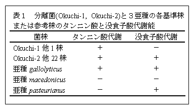 表1 分離菌(Okuchi-1, Okuchi-2)と3亜種の各基準株または参考株のタンニン酸と没食子酸代謝能