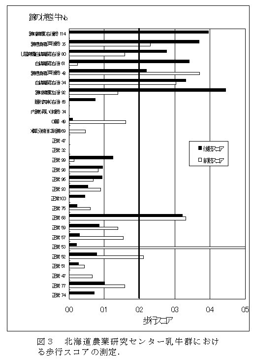 図3 北海道農業研究センター乳牛群における歩行スコアの測定.