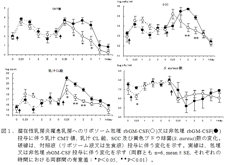 図1.潜在性乳房炎罹患乳房へのリポソーム包埋rbGM-CSF(○)又は非包埋rbGM-CSF(●)投与に伴う乳汁CMT値、乳汁CL能、SCC及び黄色ブドウ球菌(S. aureus)数の変化。