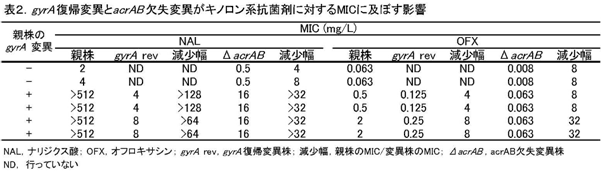 表2.gyrA復帰変異とacrAB欠失変異がキノロン系抗菌剤に対するMICに及ぼす影響