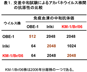 表1.交差中和試験によるアカバネウイルス株間の抗原性の比較