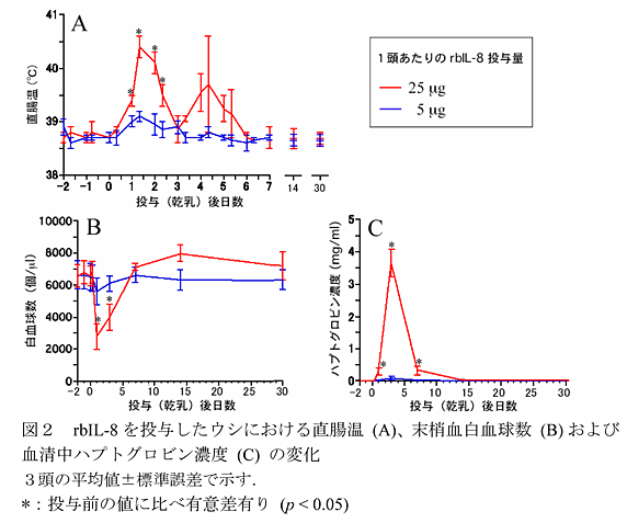 図2 rbIL-8を投与したウシにおける直腸温 (A)、末梢血白血球数 (B) および血清中ハプトグロビン濃度 (C) の変化3頭の平均値±標準誤差で示す.*:投与前の値に比べ有意差有り (p < 0.05)