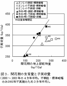 図3.開花期の生育量と子実収量