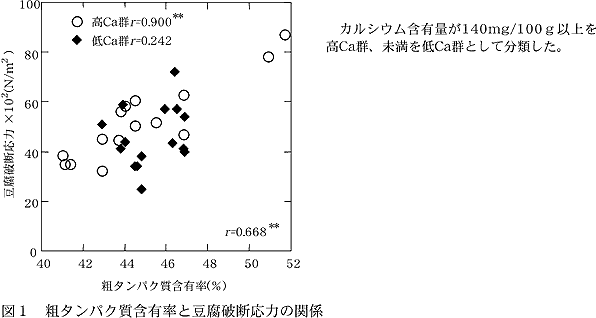 図1 粗タンパク質含有率と豆腐破断応力の関係