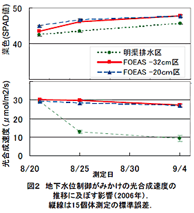 図2 地下水位制御がみかけの光合成速度の推移に及ぼす影響(2006年).