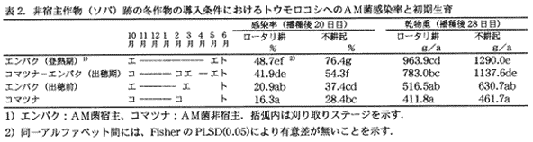 表2.非宿主作物(ソバ)跡の冬作物の導入条件におけるトウモロコシへのAM菌感染率と初期生育