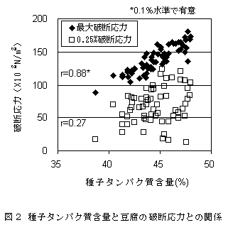 図2 種子タンパク質含量と豆腐の破断応力との関係