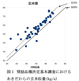 図1 奨励品種決定基本調査における あきだわらの玄米収量(kg/a)