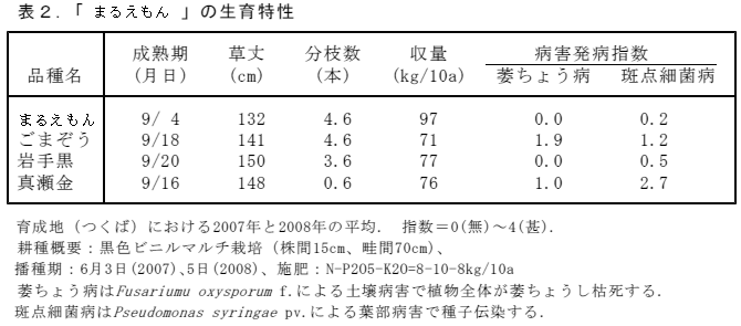 表2.「まるえもん」の生育特性