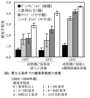図1.異なる条件での穂発芽程度の差異(2004~2008年産)