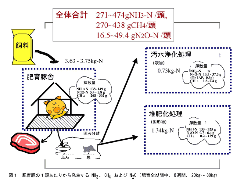 図1 肥育豚の1頭あたりから発生する NH3、CH4 および N2O