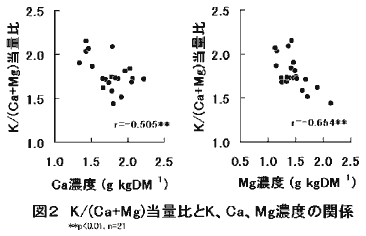 図2 K/)Ca+Mg)当量比とK,Ca,Mg濃度の関係