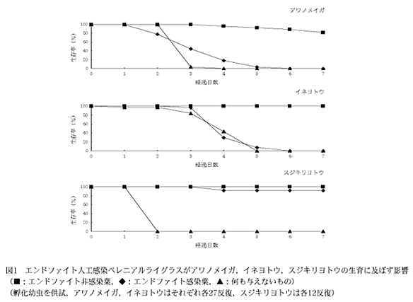 図1.エンドファイトを人工感染させたペレニアルライグラスがアワノメイガ、イネヨトウ、スジキリヨトウの生育に及ぼす影響