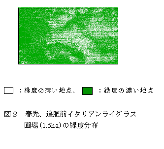 図2 春先、追肥前イタリアンライグラス 圃場(1.5ha)の緑度分布