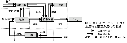 図1.集約放牧モデルにおける 生産物と窒素の流れの概要