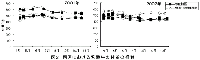 図3.両区における繁殖牛の体重の推移