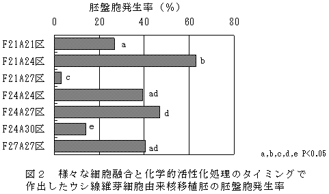 図2 様々な細胞融合と化学的活性化処理のタイミングで 作出したウシ線維芽細胞由来核移植胚の胚盤胞発生率