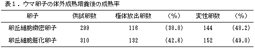 表1. ウマ卵子の体外成熟培養後の成熟率