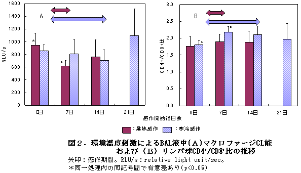 図2.環境温度刺激によるBAL液中(A)マクロファージCL能 および(B)リンパ球CD4+/CD8+比の推移