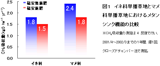 図1 イネ科単播草地とマメ 科単播草地におけるメタン シンク機能の比較